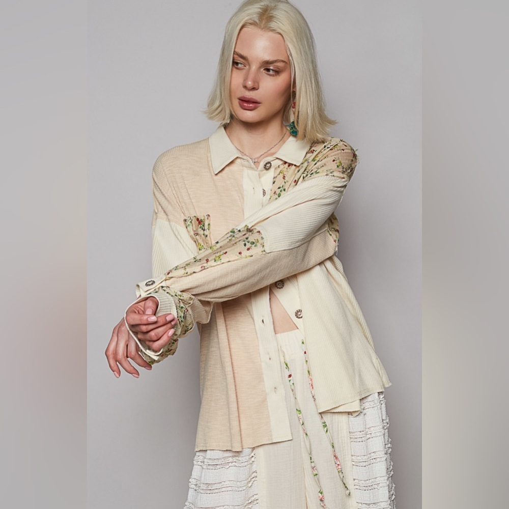 POL Floral & Waffle Knit Mixed Media Shacket ~ Perfect for Layering Year Round - Picture 5 of 16